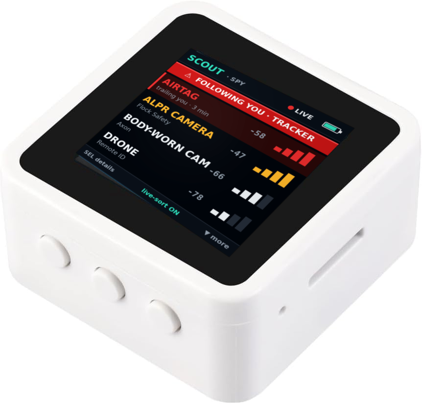 MaxIntel Scout handheld running its SPY scan, detecting an AirTag following you, an ALPR camera, a body-worn camera and a drone